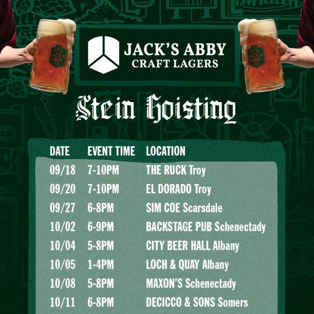 Join @jacksabbycraftlager for a Stein Hoisting event near you!

Featuring @jacksabbycraftlager seasonal release Copper Legend: The perfect marriage of caramel, sweet toasty malts, and infinite drinkability. Raise one this fest season and Be The Legend!